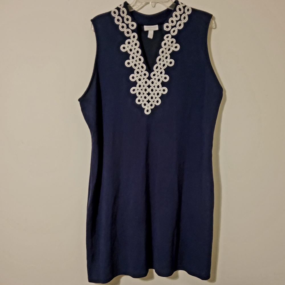 Charter Club Woman Blue/White Embroidered Crochet Sleeveless Shift Dress Sz 2X